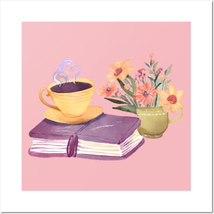 Cute Watercolor Flowers Books and Coffee Posters and Art